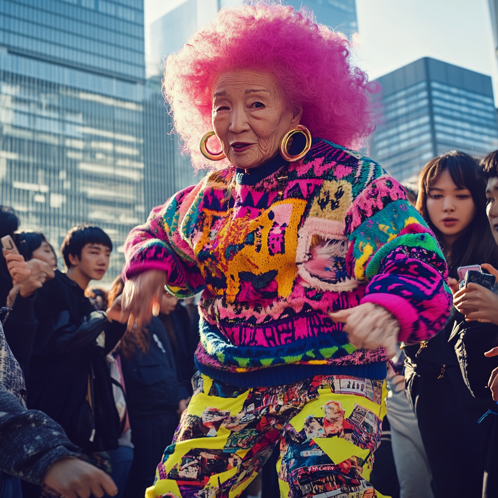 Elderly Japanese grandmother breakdancing with young people