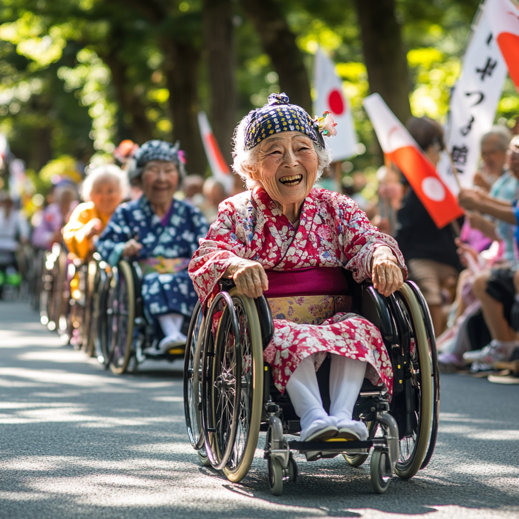 Elderly Japanese women racing in kimonos