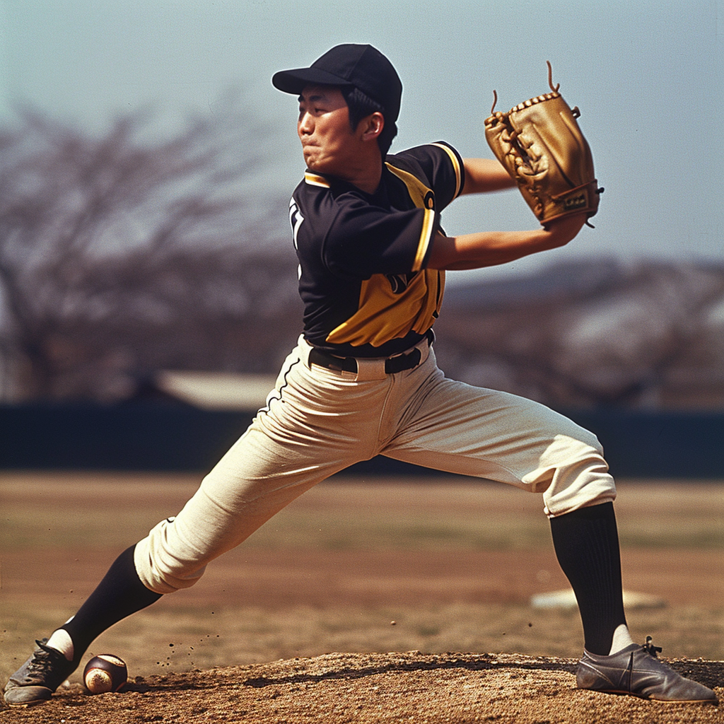 Youthful Japanese Baseball Pitcher in Full Swing