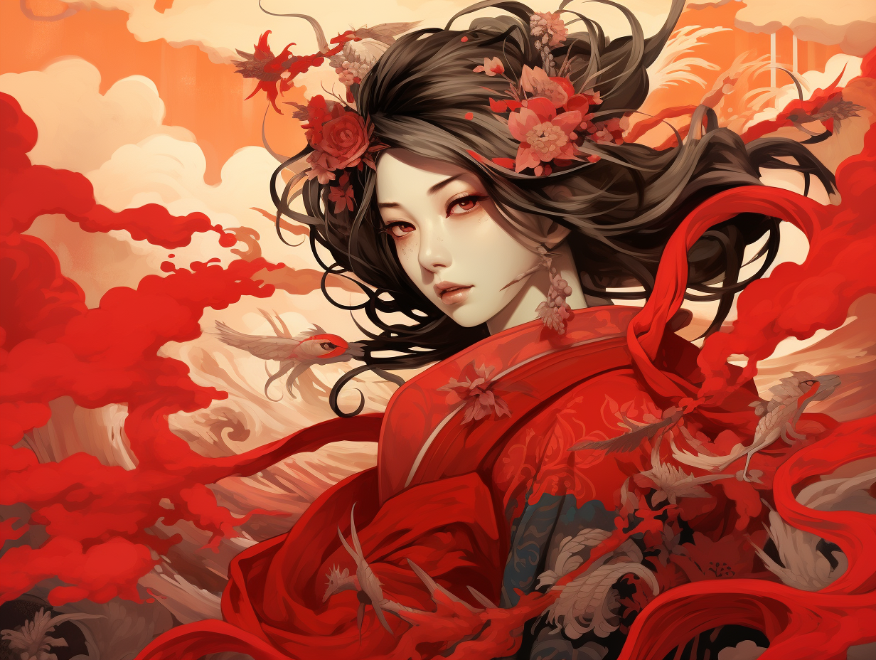 Japanese Illustration with Red and Beige Colors