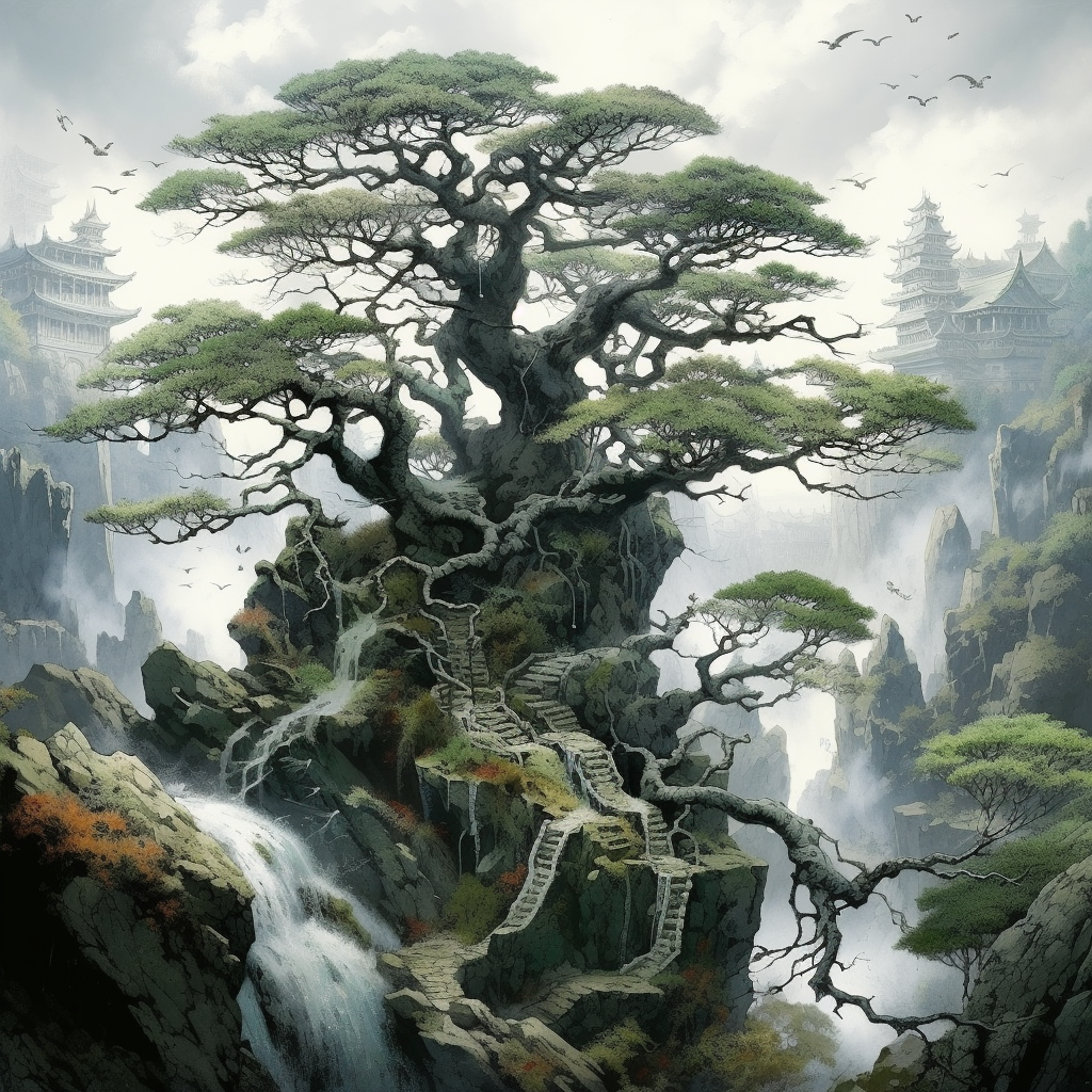 Detailed Japanese inspired magical tree illustration