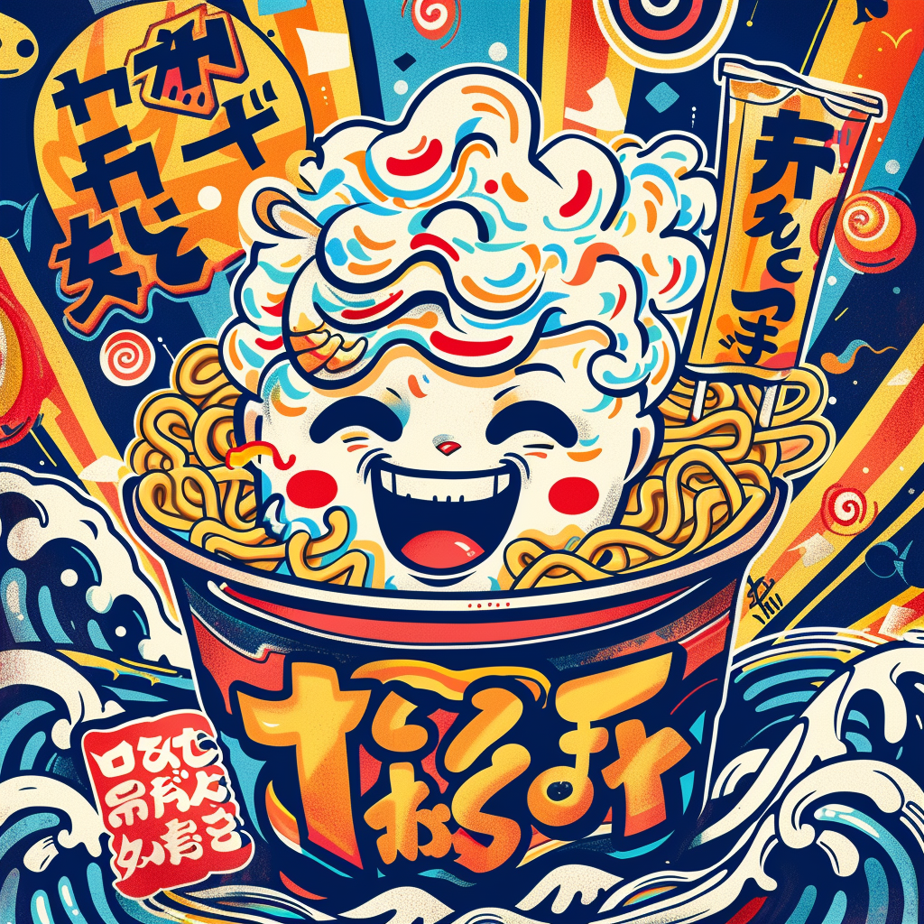 vibrant Japanese ramen soup mascot