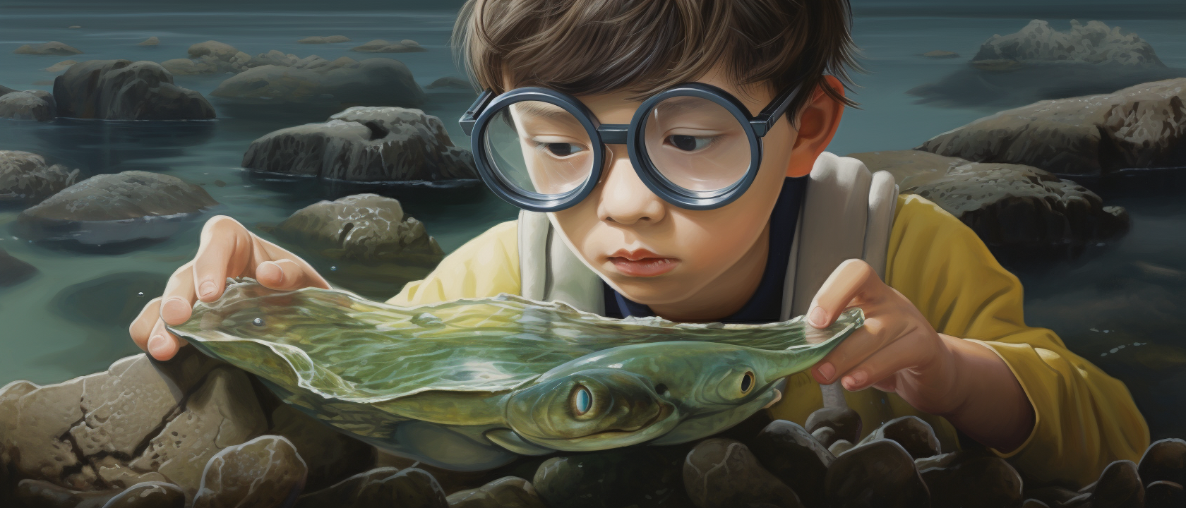 Japanese kid finding sea slug in rock pool