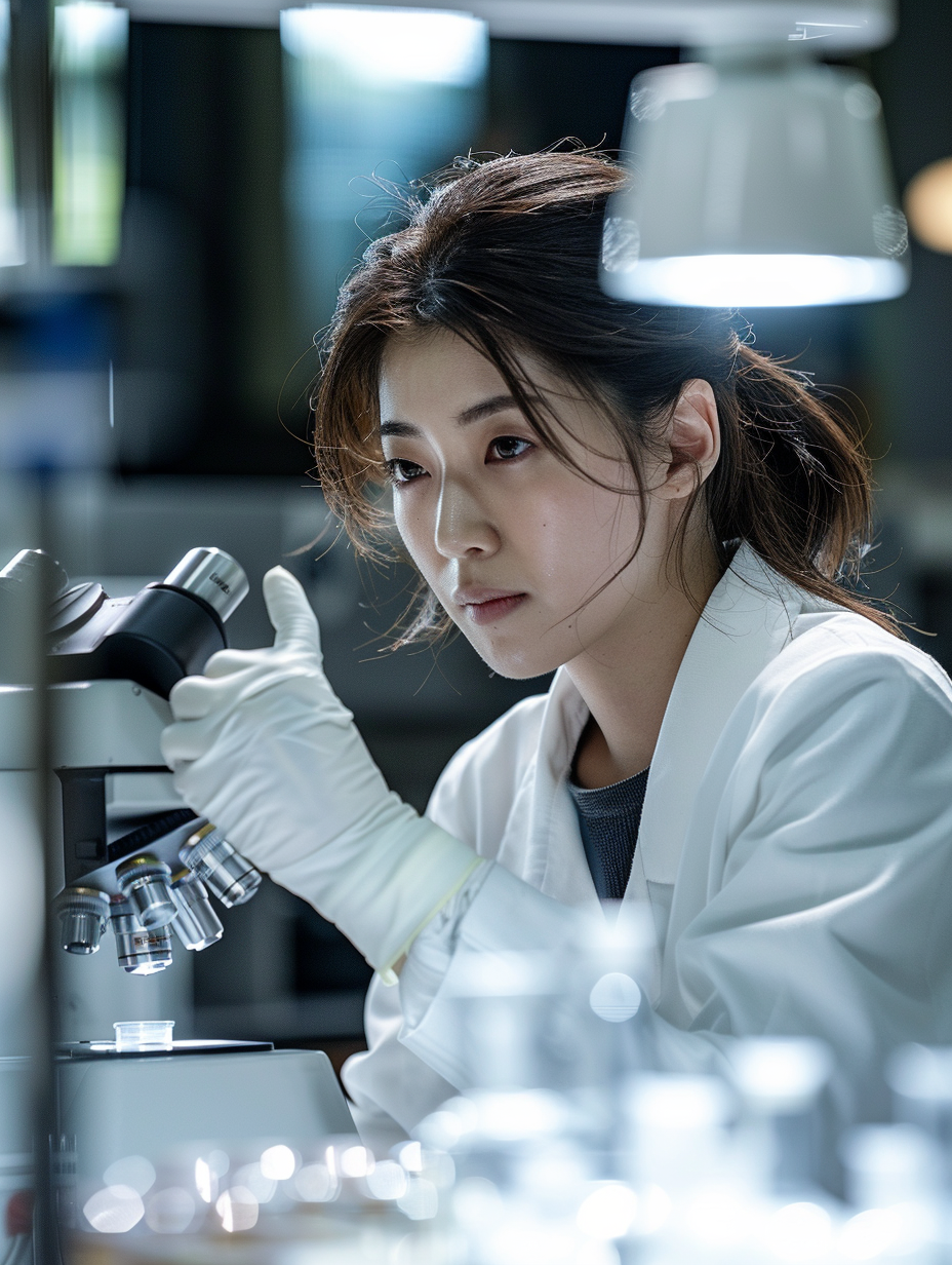 Japanese lab technician using microscope