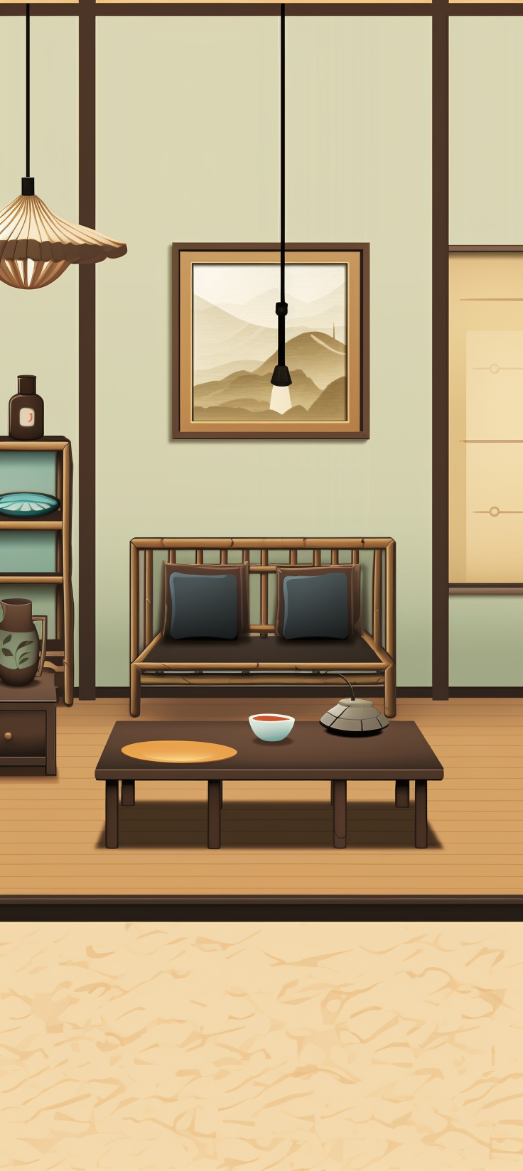 Japanese living room with furniture and paintings