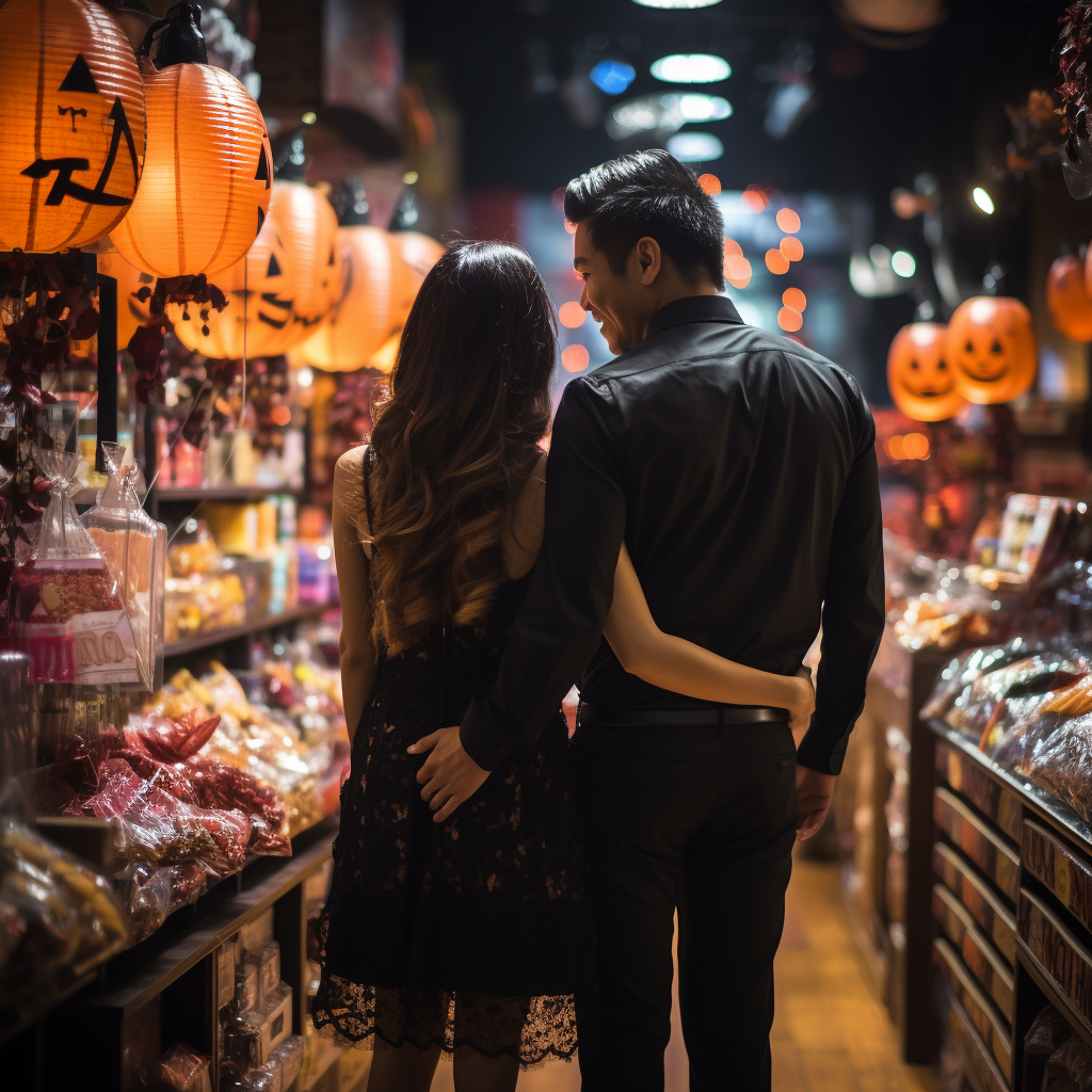 Japanese lovers in Halloween costumes