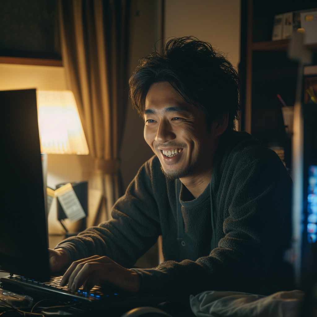 Japanese man grinning computer night