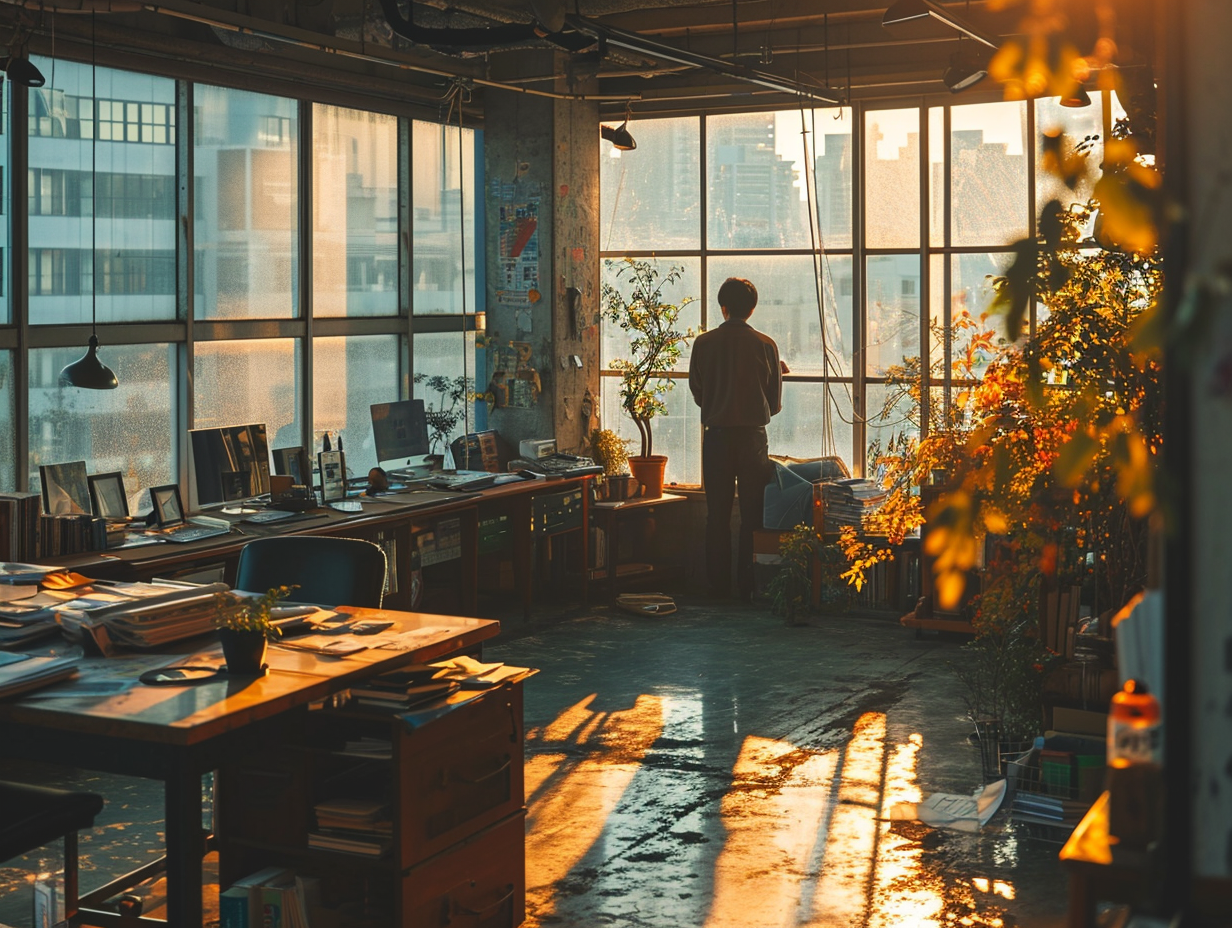 Japanese man looking out window in clean office