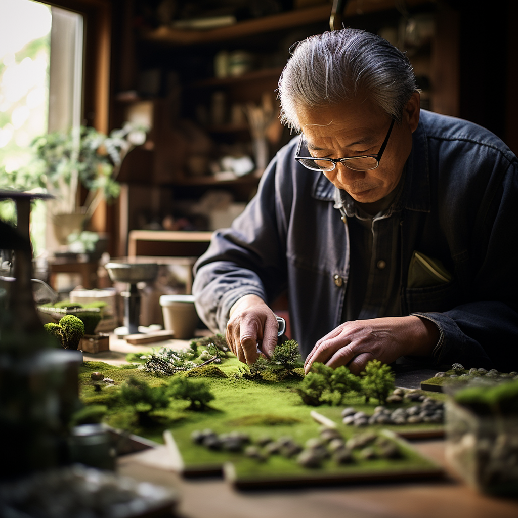 Japanese man crafting delicate moss arrangement