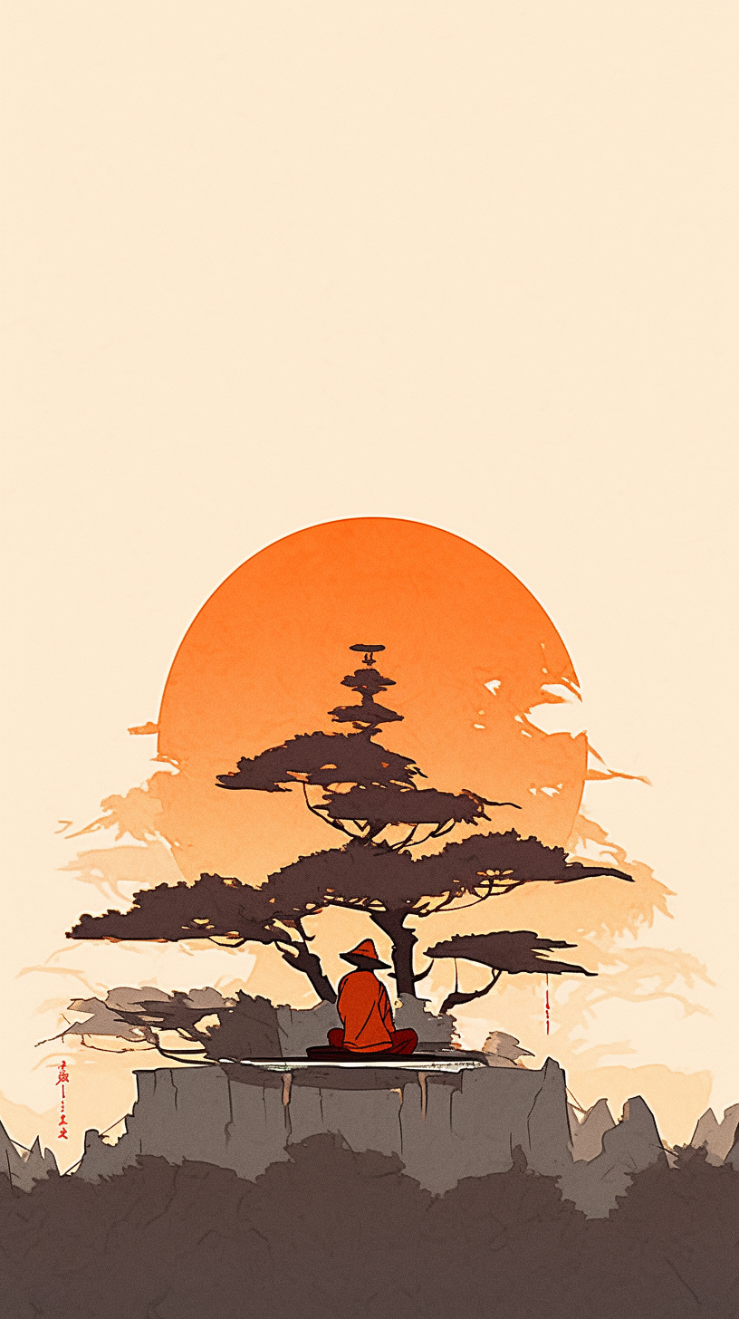 Old shaman bowing to the sun in Japanese minimalist art