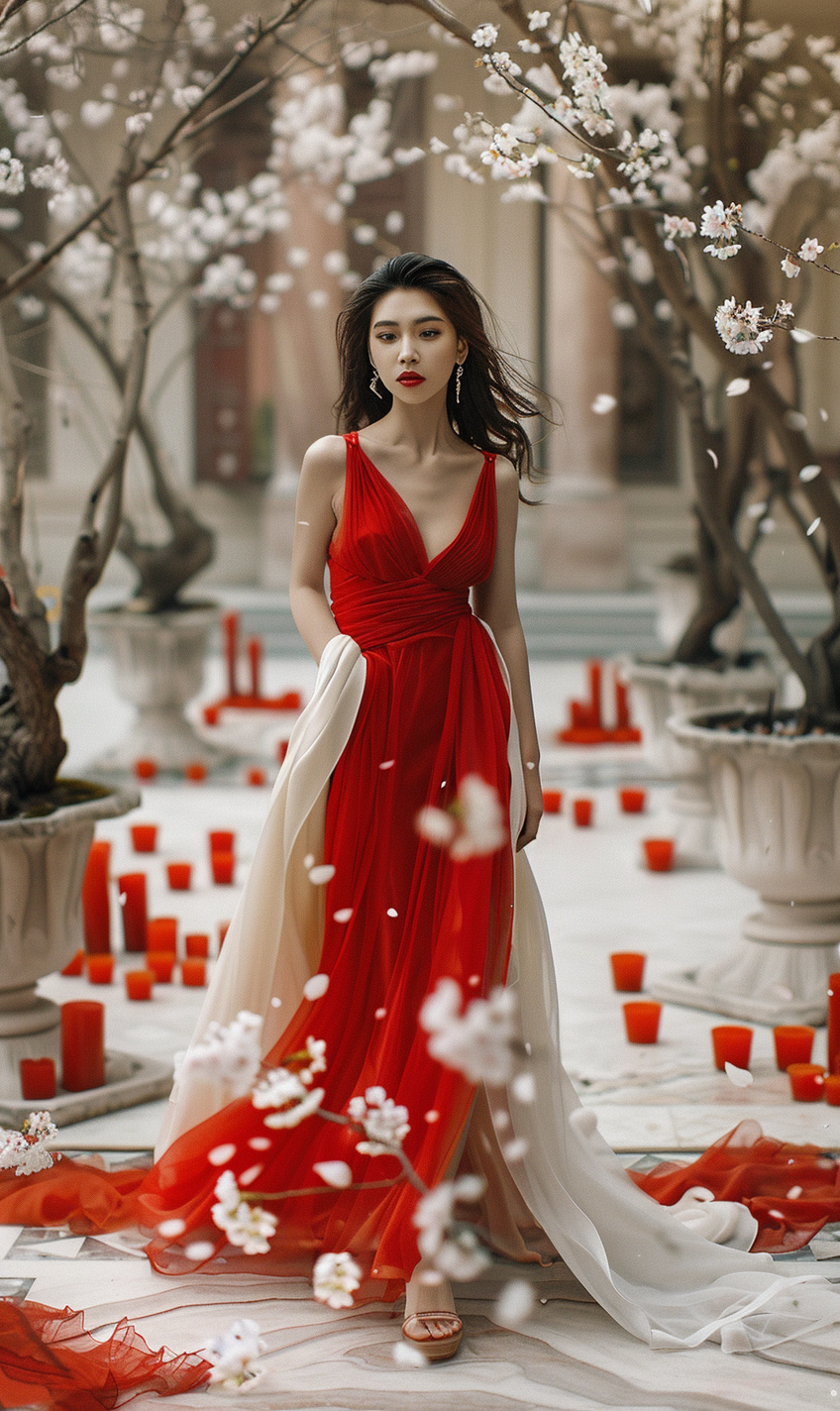 Japanese model in red dress