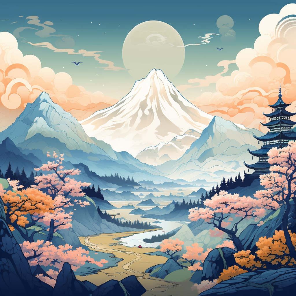 Artistic portrayal of a Japanese mountain landscape