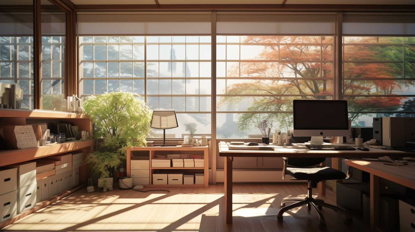 Japanese office wall with no desk, natural daylight, artificial light, and no shadows