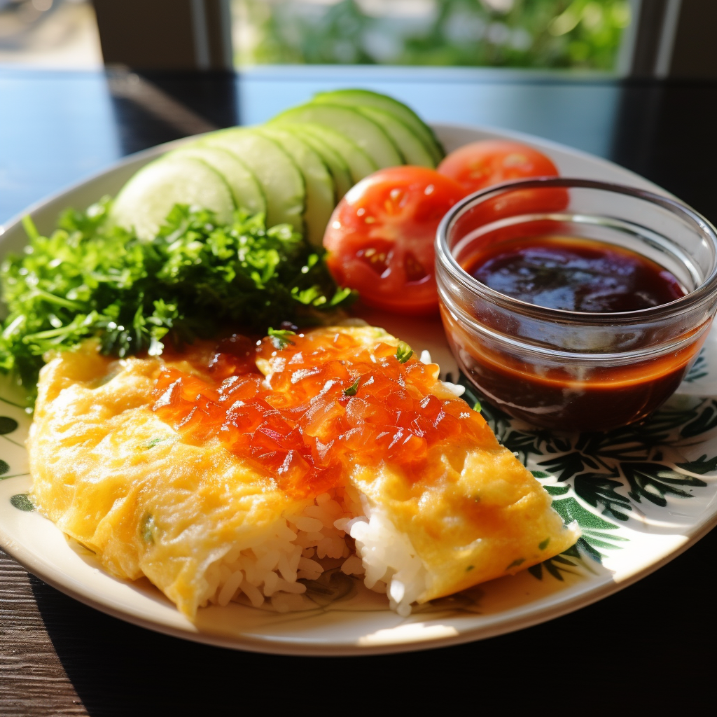 Japanese omelette rice sparkling in the sunlight