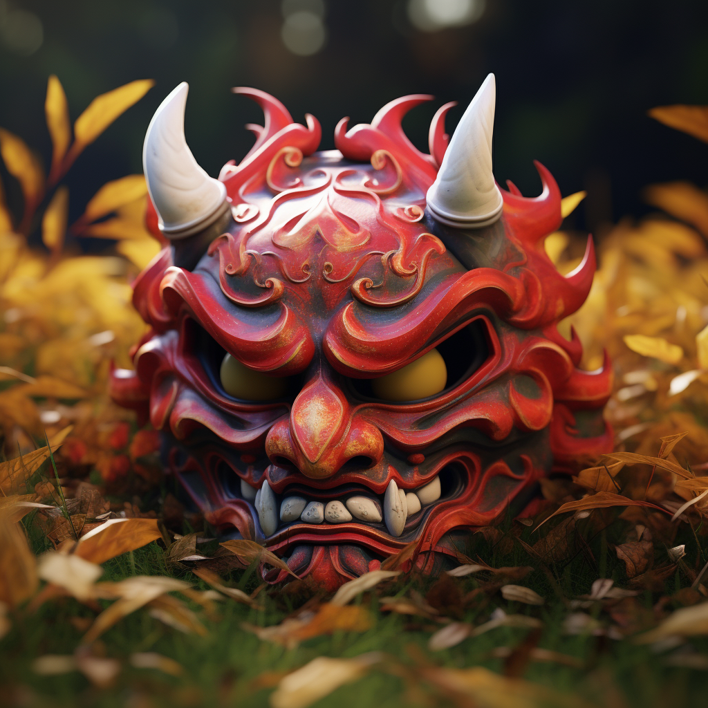 Japanese Oni Mask on Grass in Stunning 3D