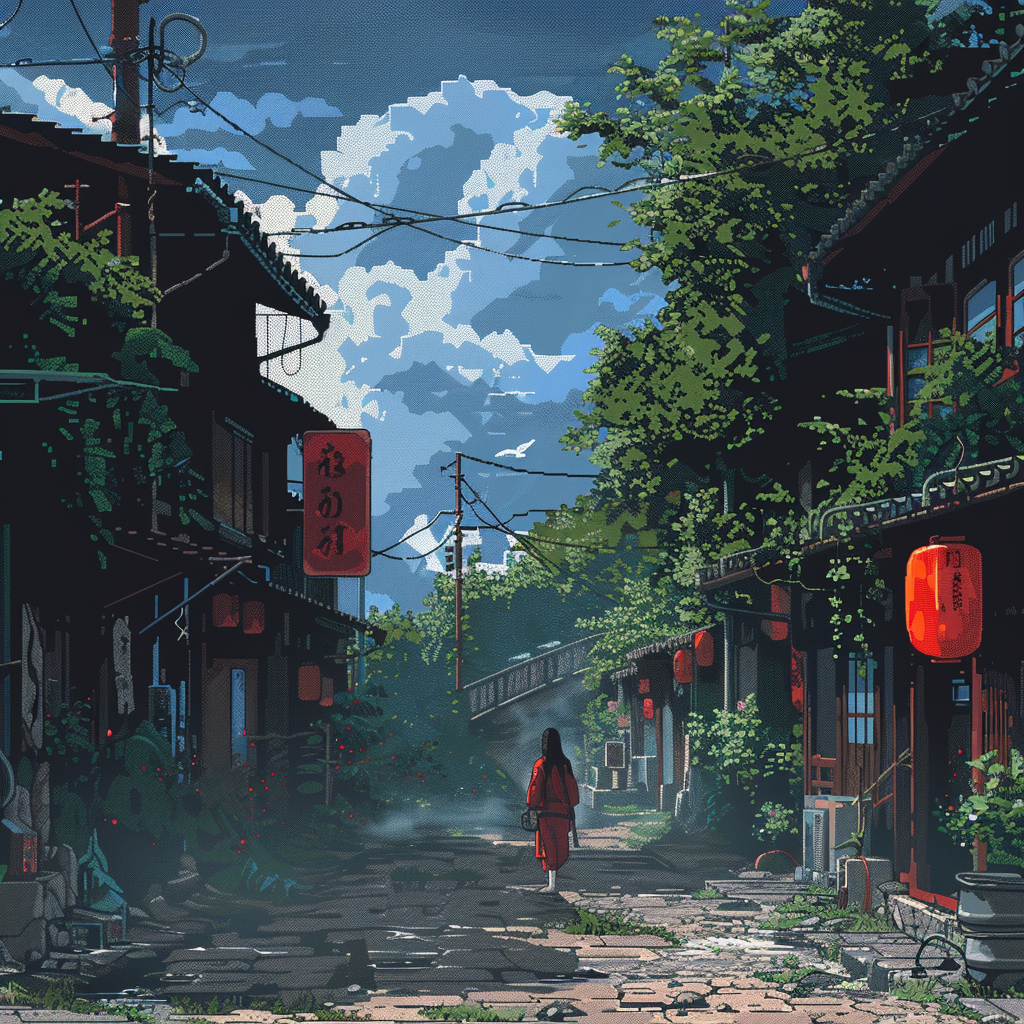 Japanese style pixel art game scene