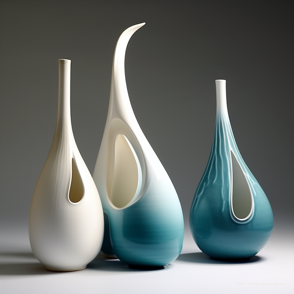 Japanese pottery profiles in white and cyan