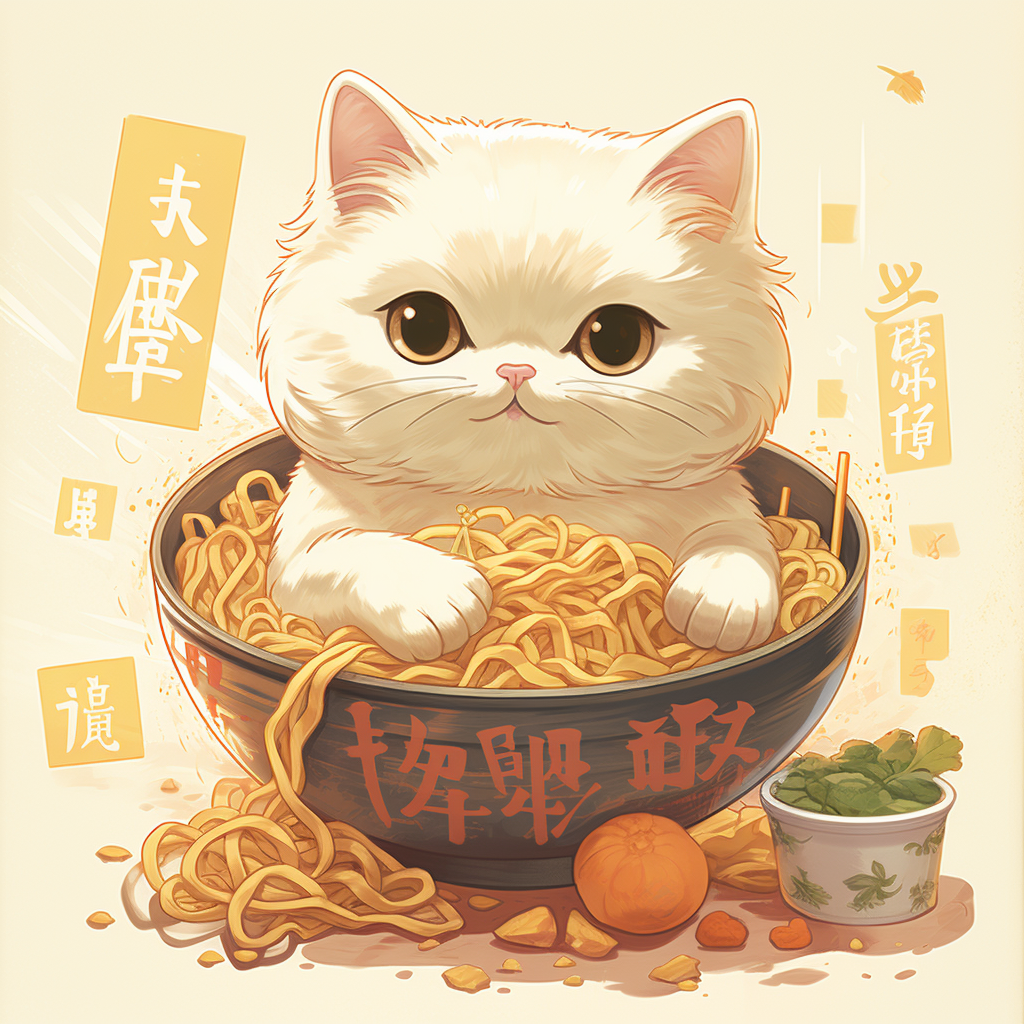 Cartoon cat enjoying Japanese ramen noodles