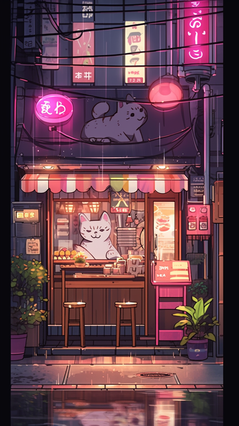 Neon-lit Japanese Ramen Shop with Lucky Cat