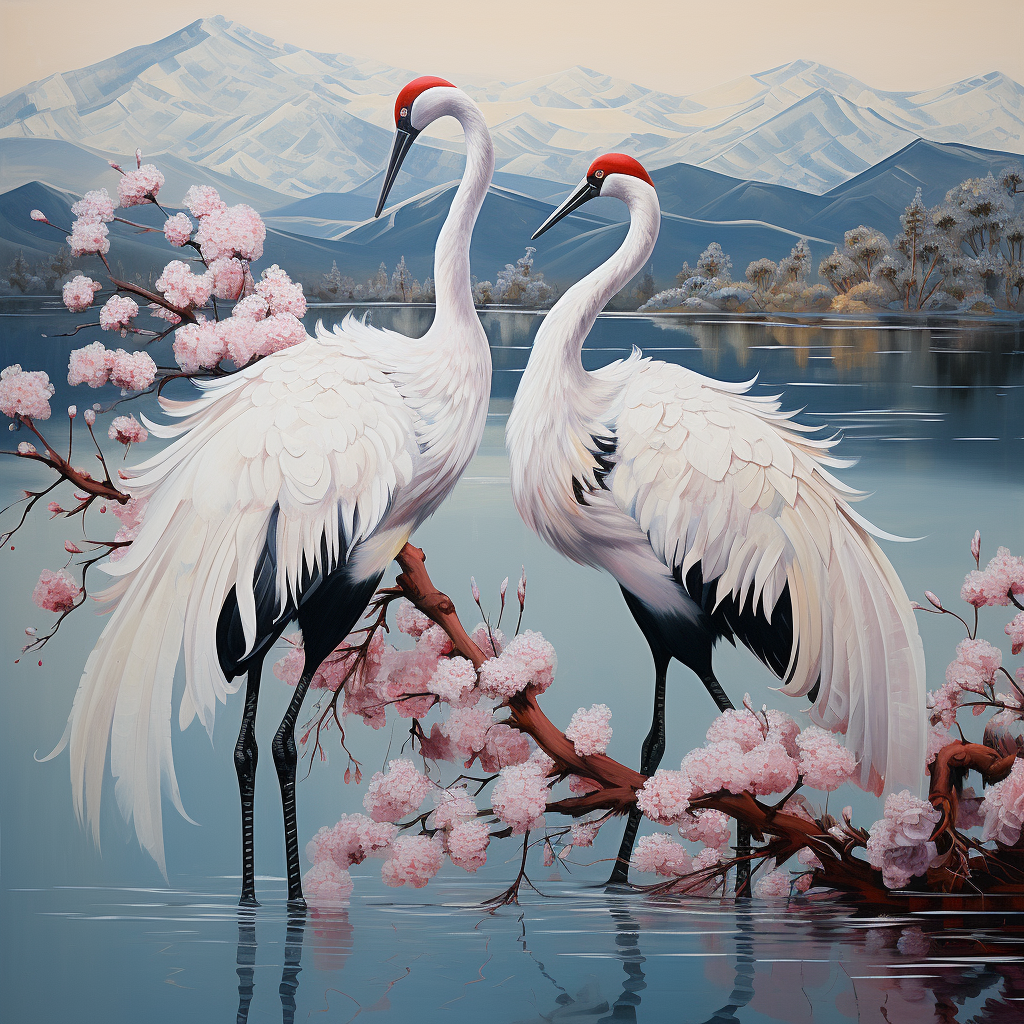 Red crowned cranes and plum blossom