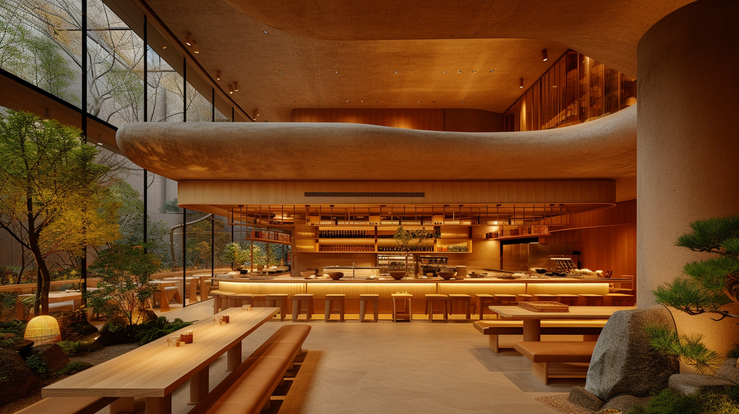 Japanese Restaurant Earthy Tones Curvilinear Design