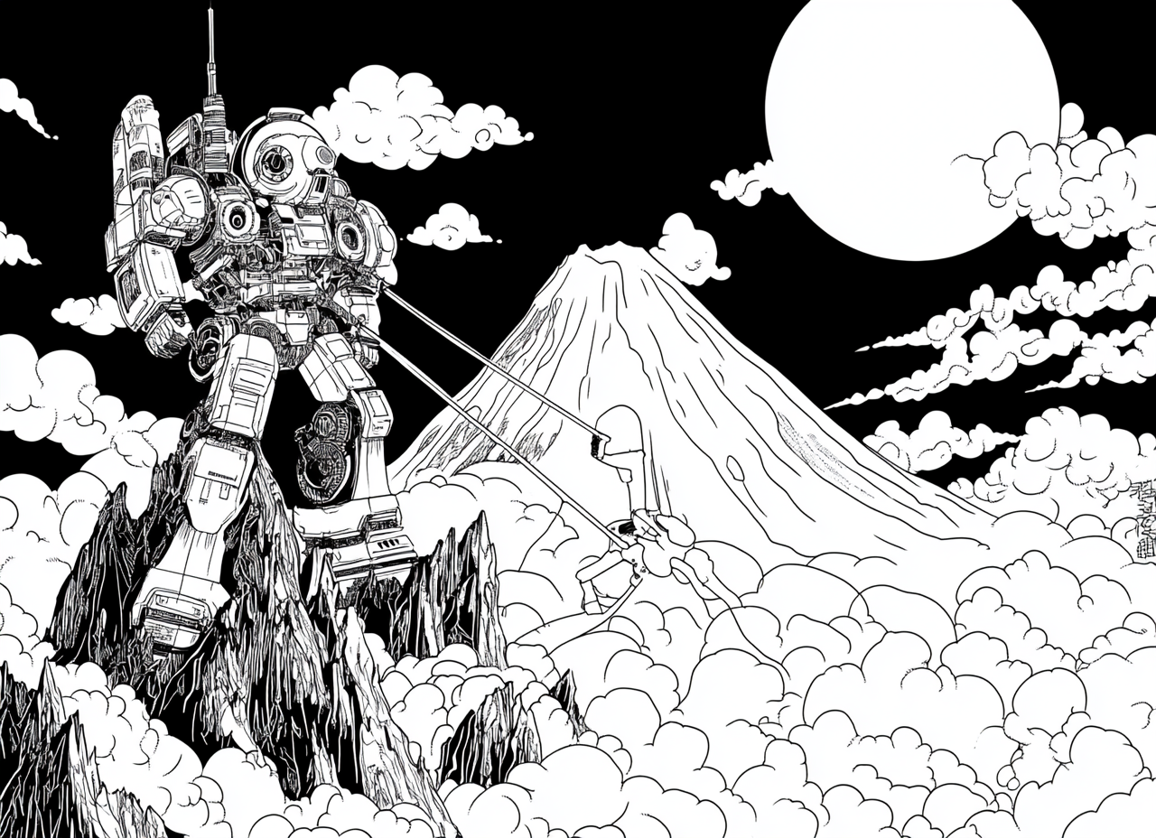 Japanese robot on Mount Fuji coloring page