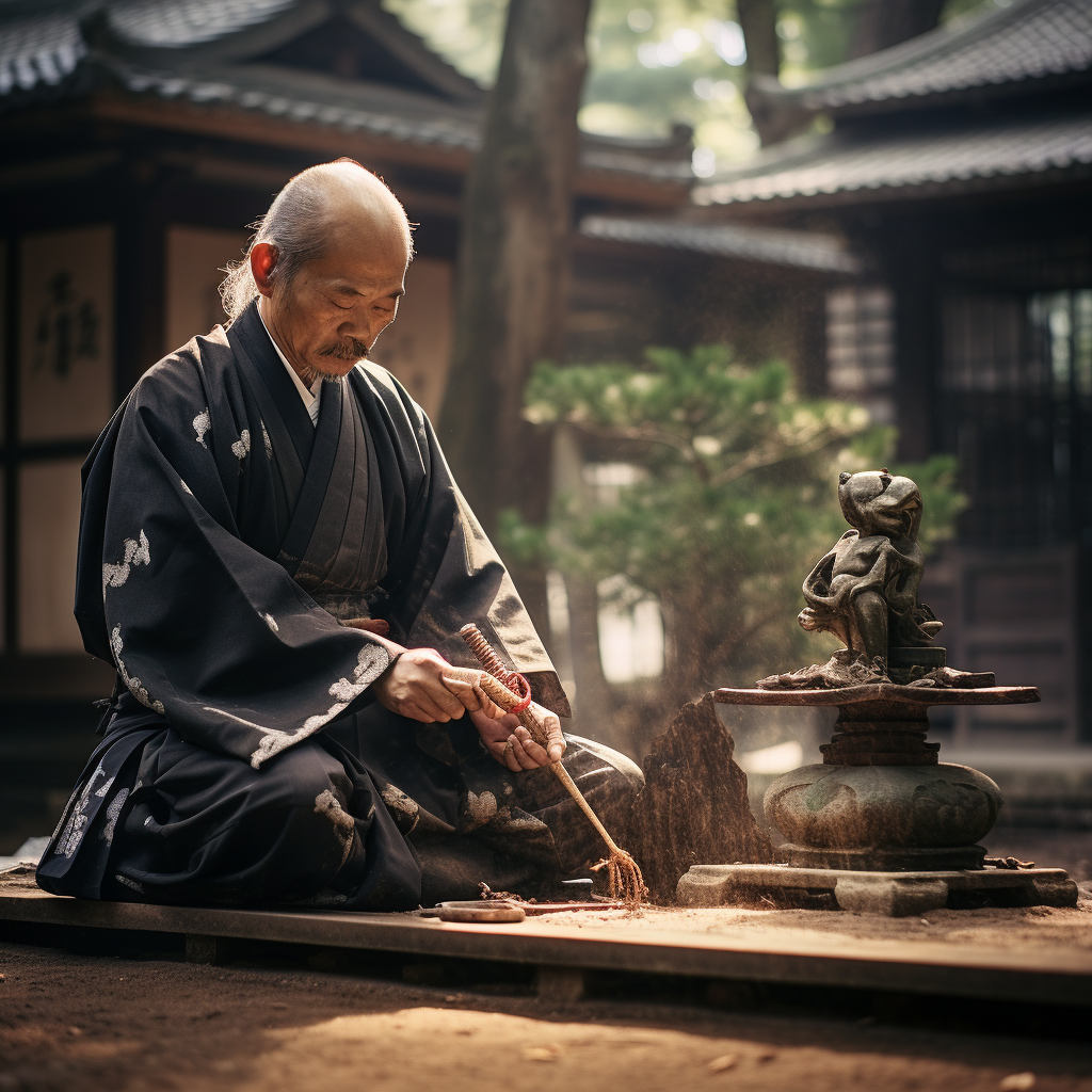 Japanese samurai ghost polishing katana at Zen temple