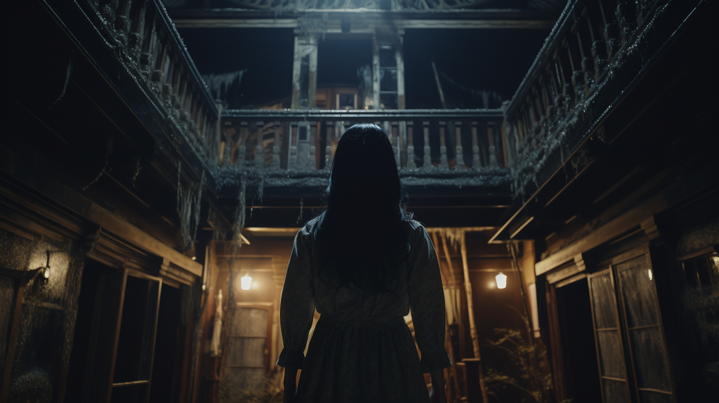 Japanese schoolgirl sneaking through creepy mansion at night