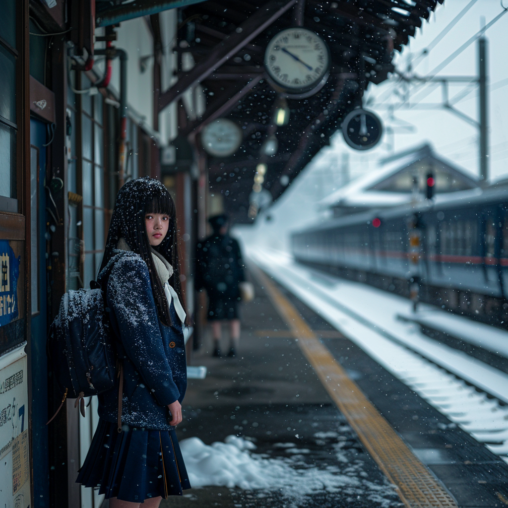 Japanese schoolgirl standing in snow