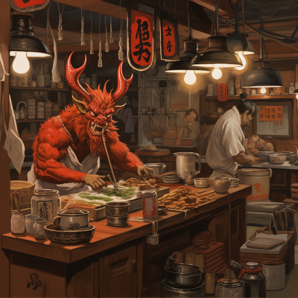 Japanese Shinto Raijin in Izakaya Kitchen