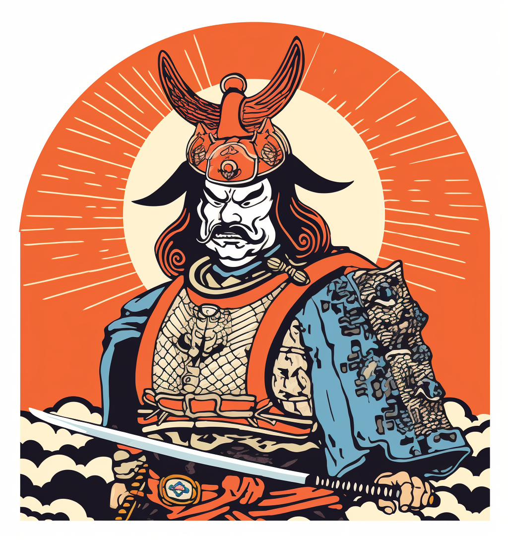 Whimsical Japanese Shogun Woodblock Illustration