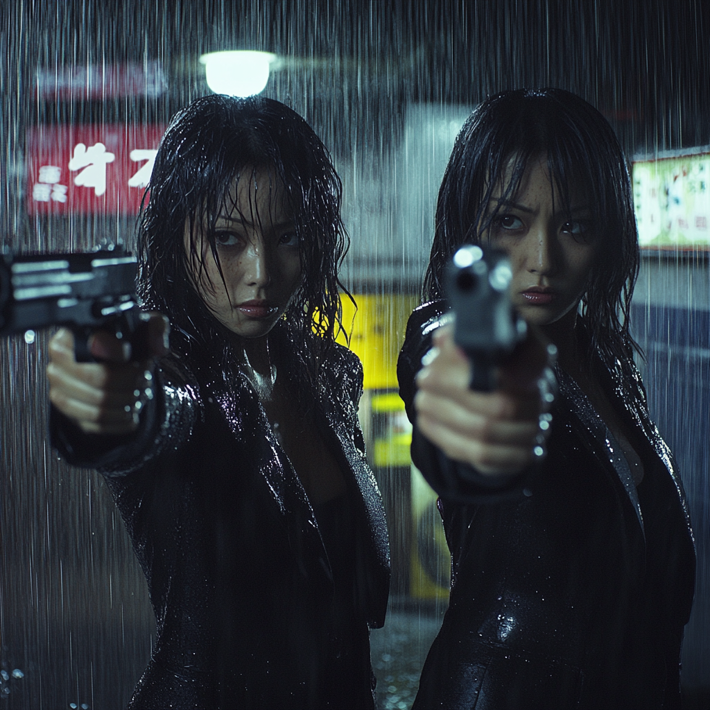 Two Japanese sisters pointing guns