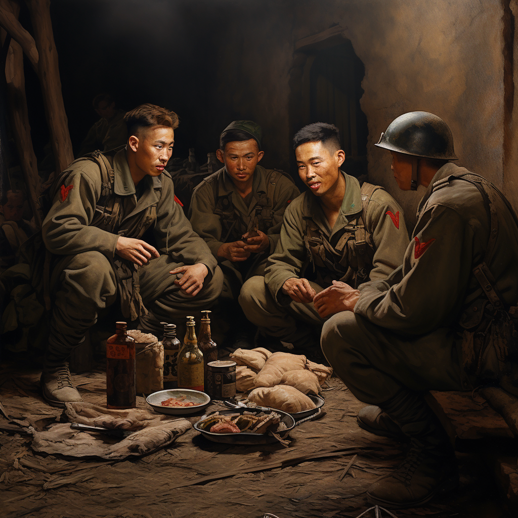 Japanese soldiers eating together during 1944