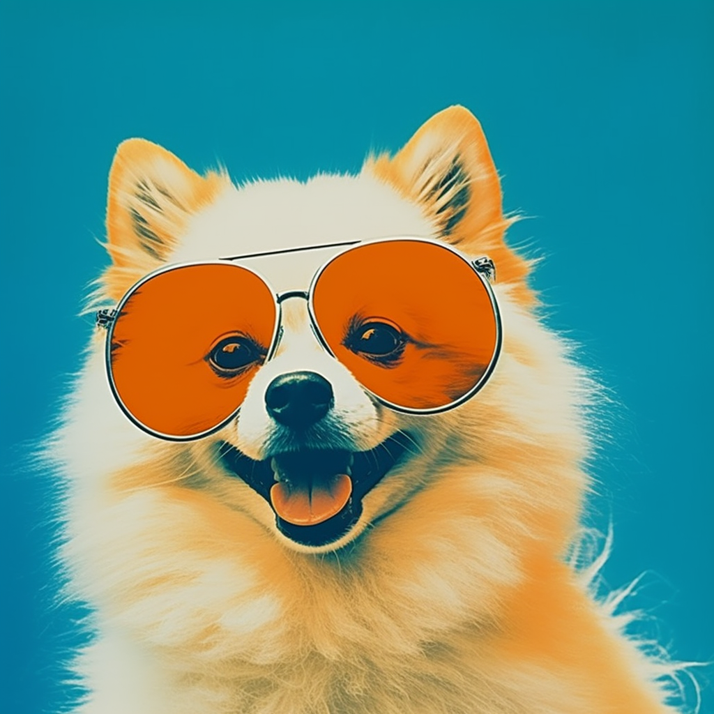 Japanese Spitz wearing sunglasses at a retro party