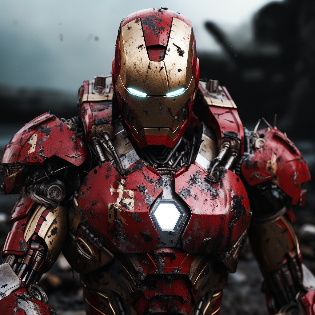 Hyper Realistic Japanese-Style Iron Man with Battle Damage