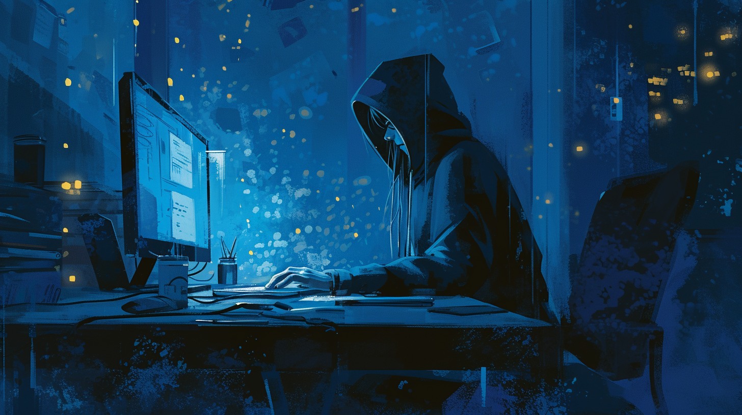 Solitary figure in hoodie, typing on illuminated monitor