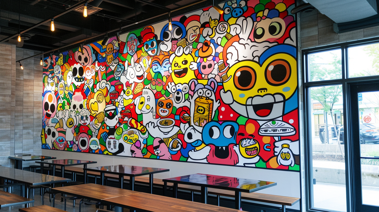 Japanese style mural with happy robots