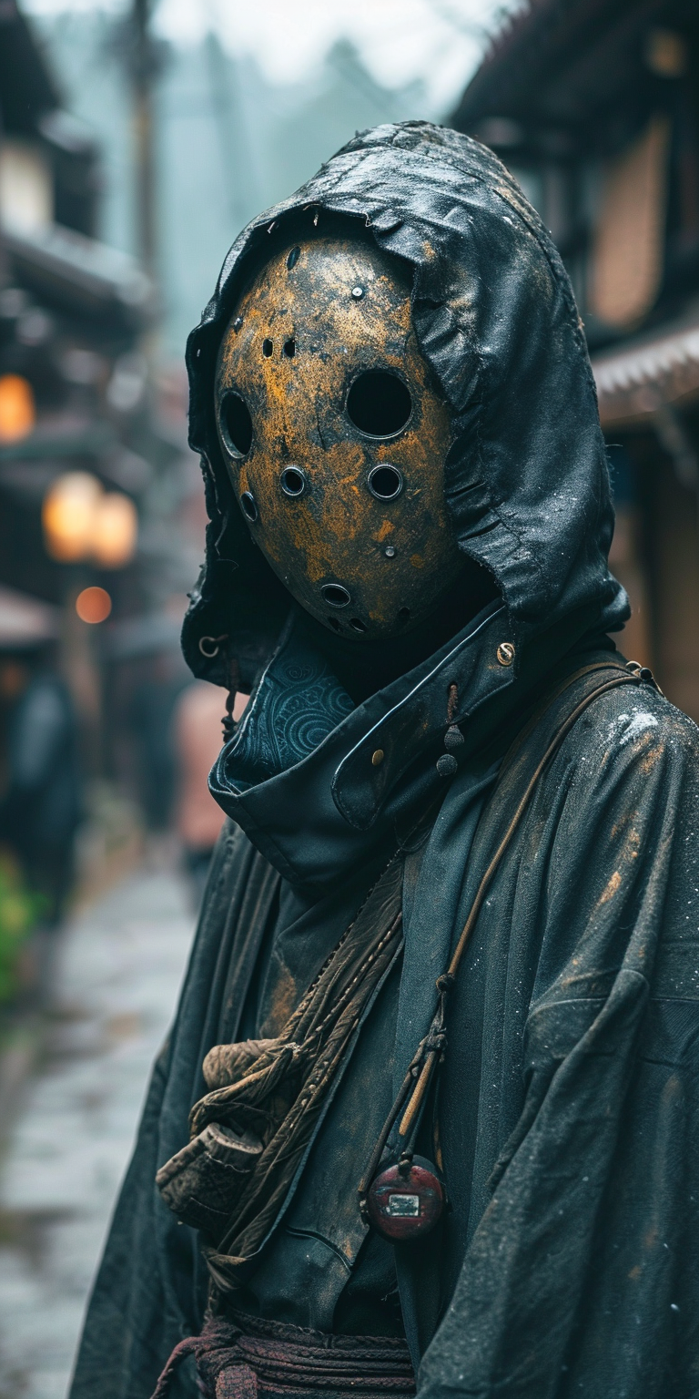 Japanese style specter mask in eerie village background