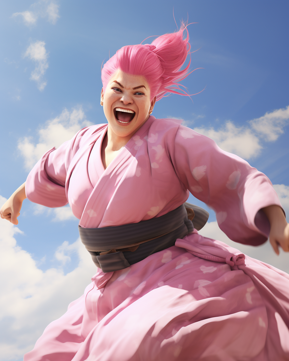 Japanese Sumo Woman with Pink Hair Smiling