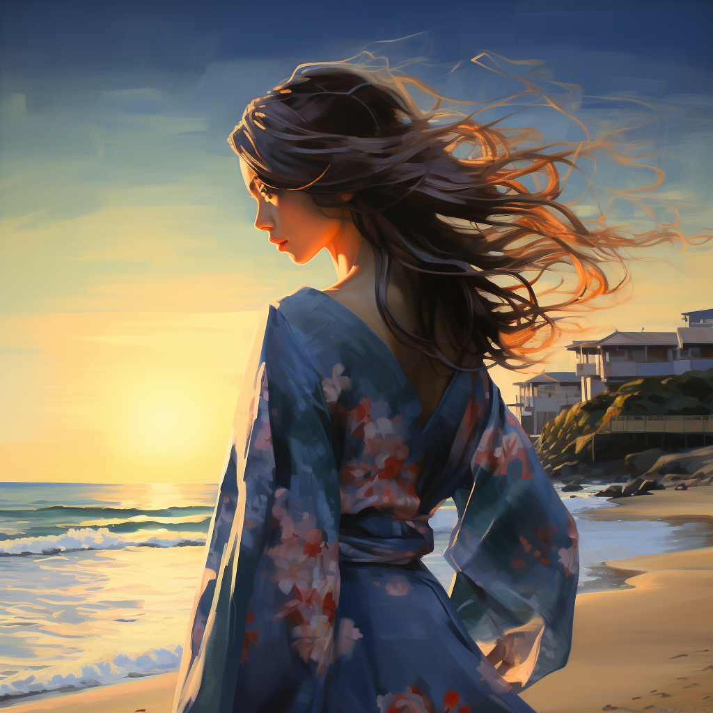 Japanese girl admiring sunset on beach