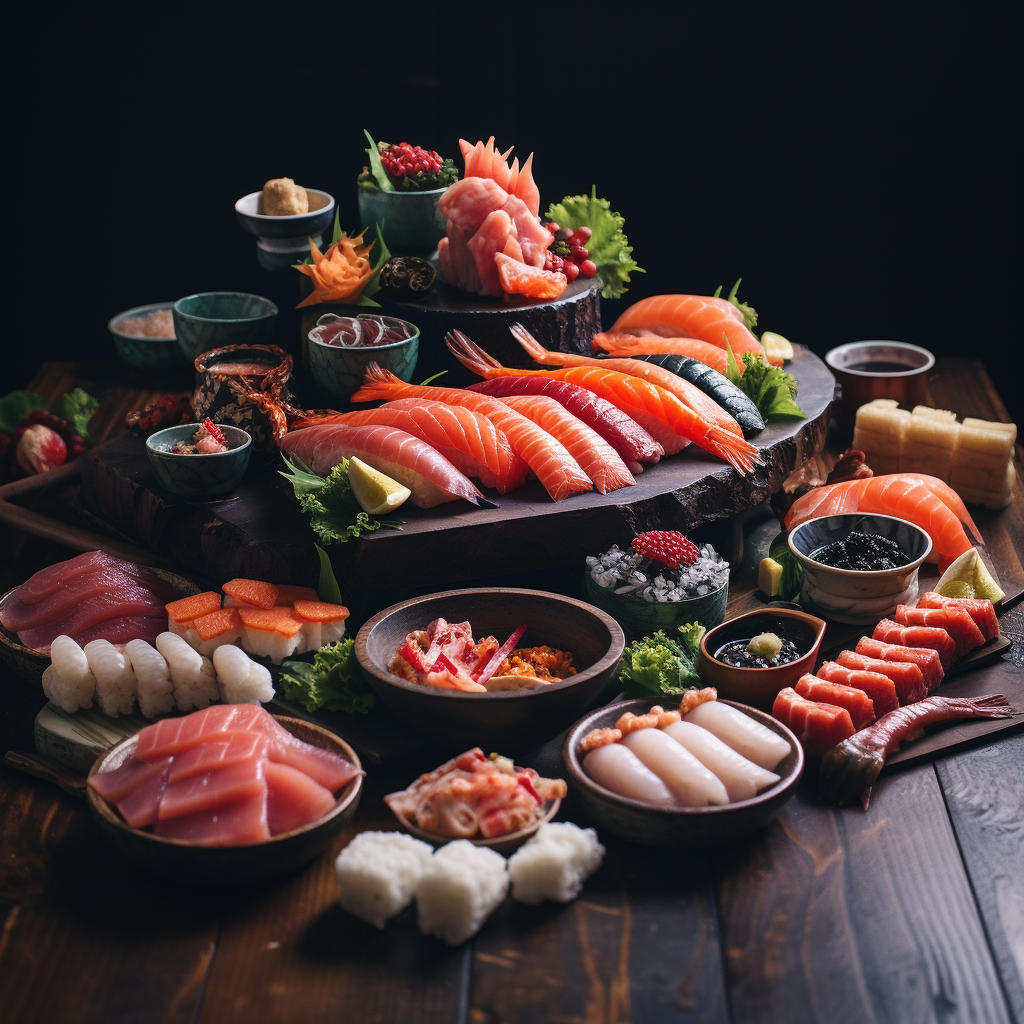 Japanese Table with Sushi and Sashimi