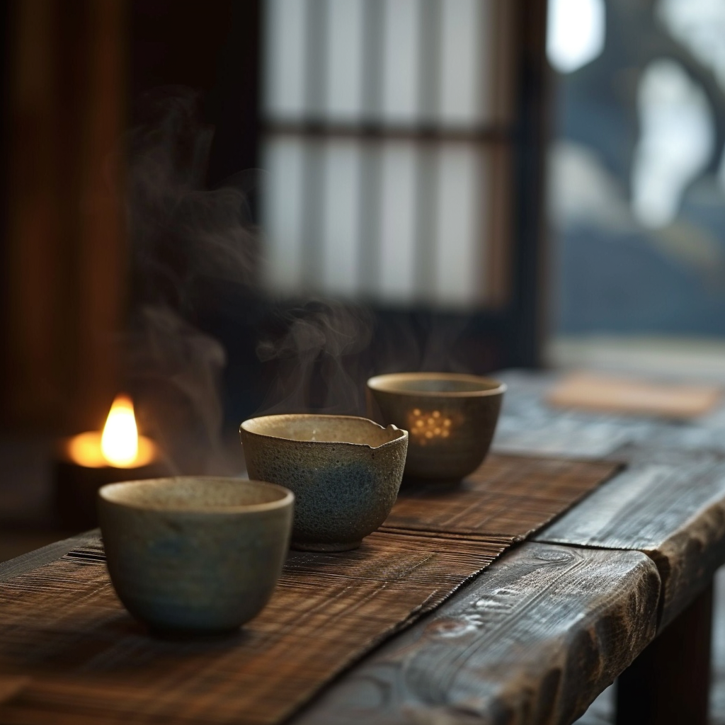 Japanese tea cups on wooden table