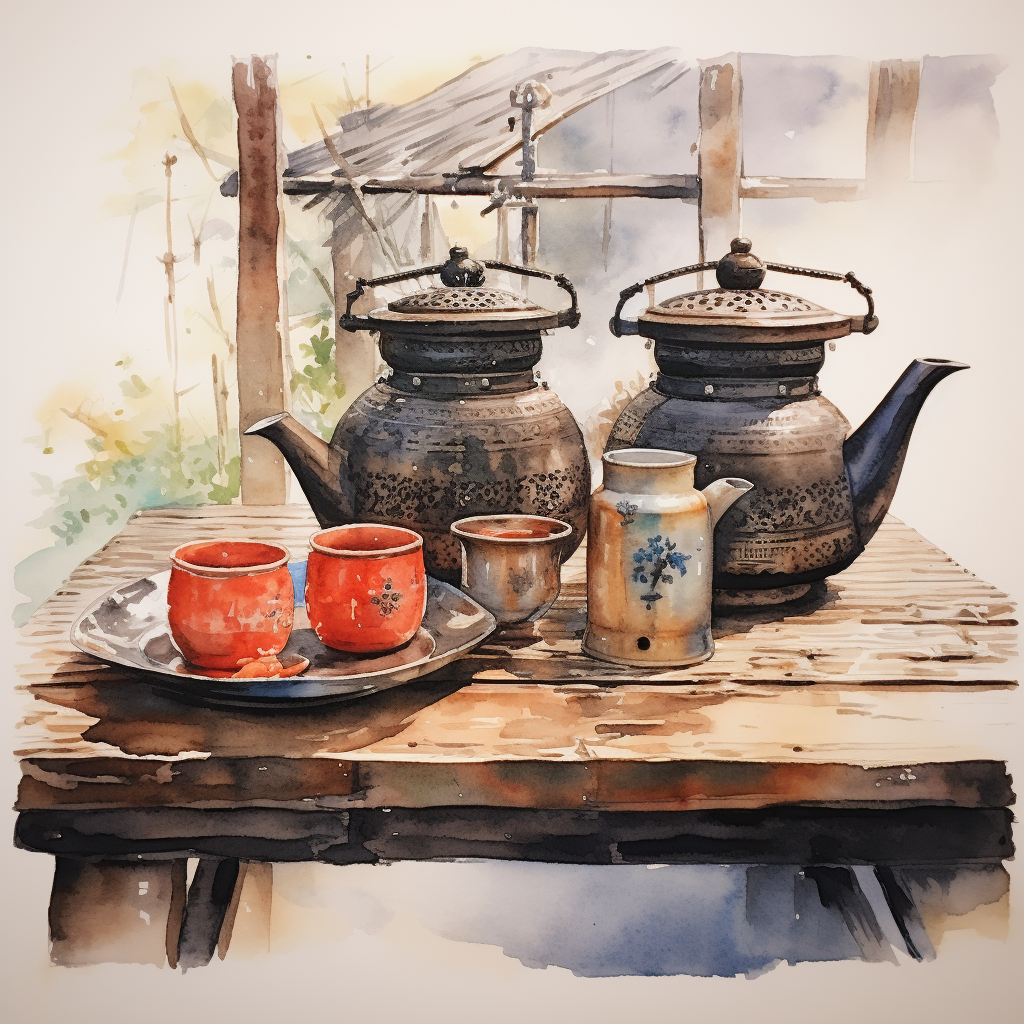 Watercolor Japanese Tea Set Artwork