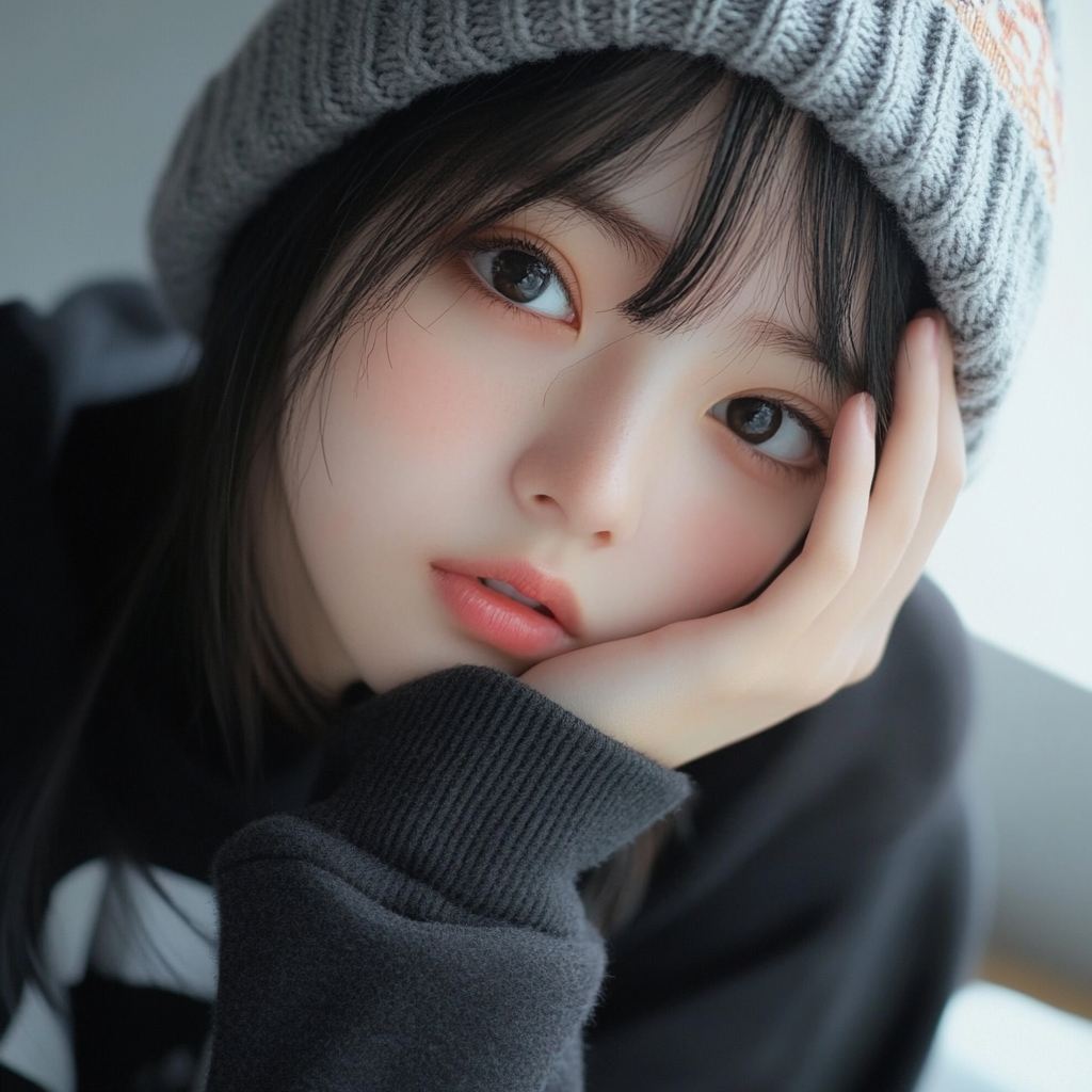 Japanese girl in black gray sweatshirt selfie