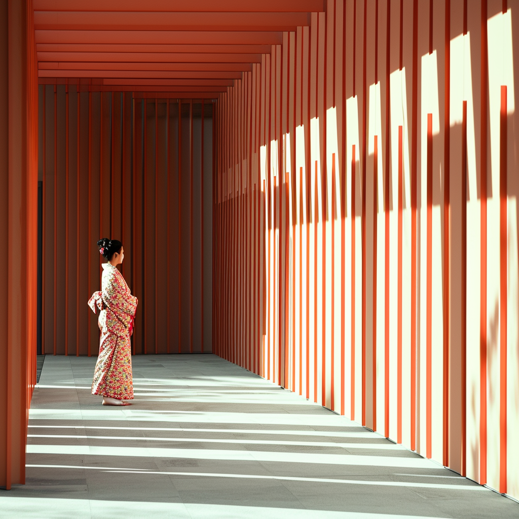 Asian woman walking in Japanese temple courtyard