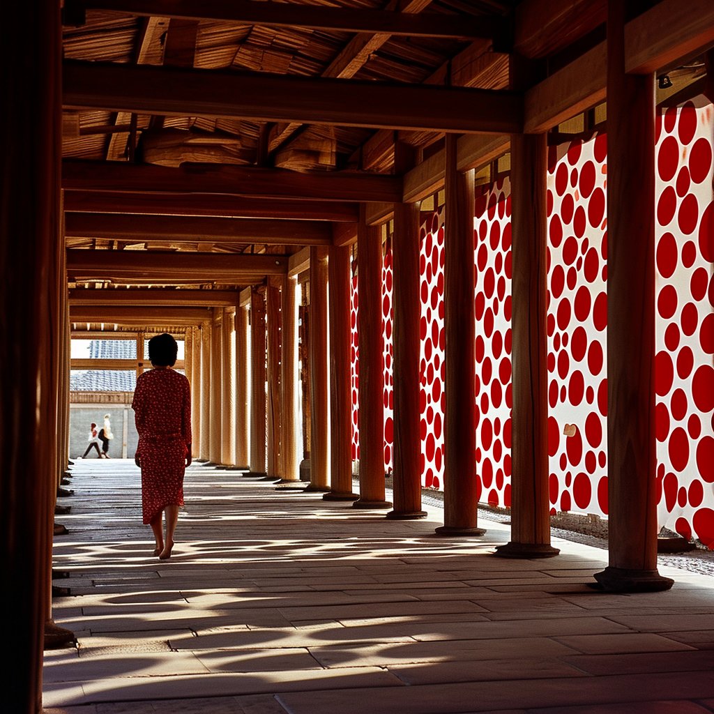 Beautiful Japanese Temple Facade with Kusama Art