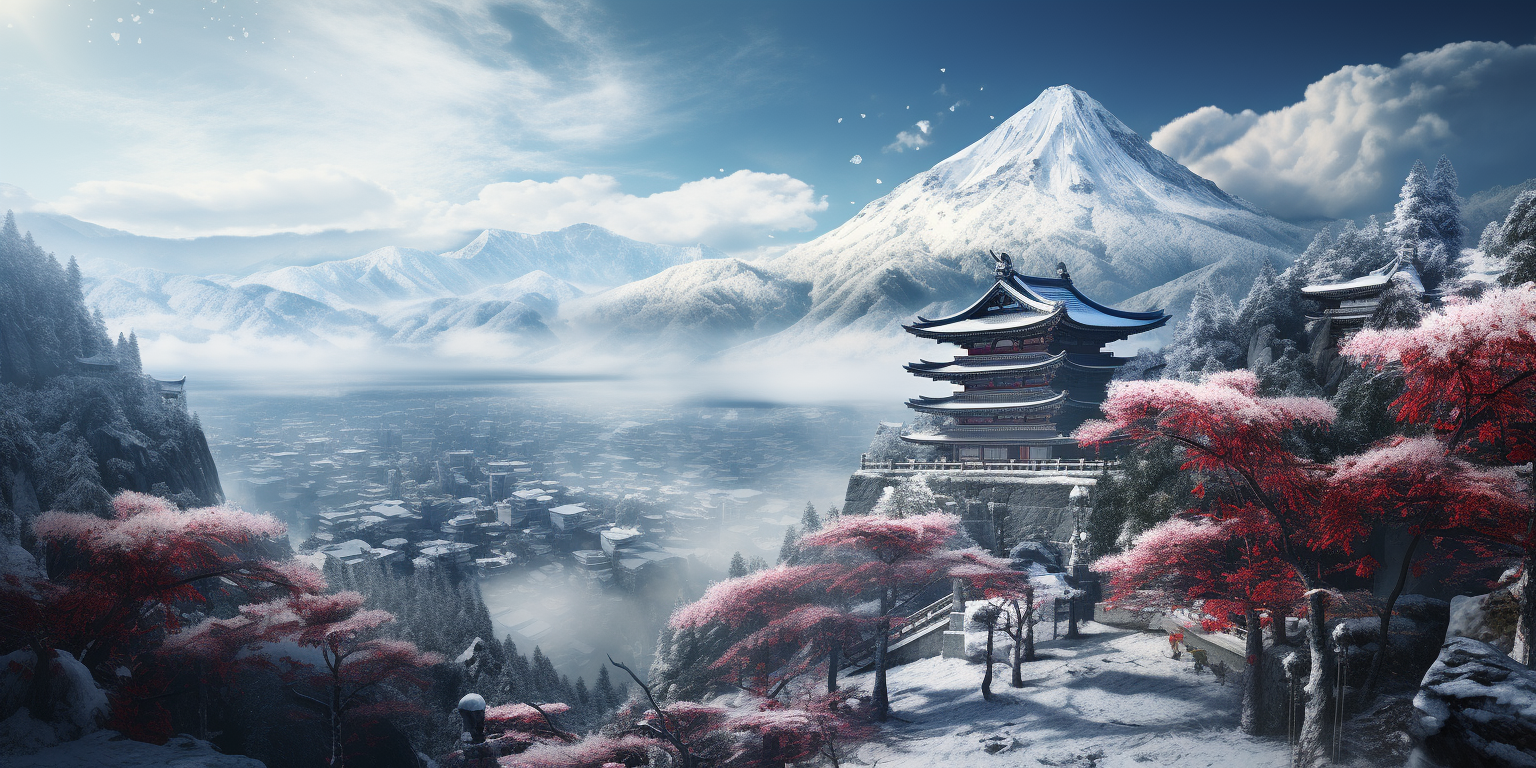 Japanese temple with Mt. Fuji in dynamic landscape