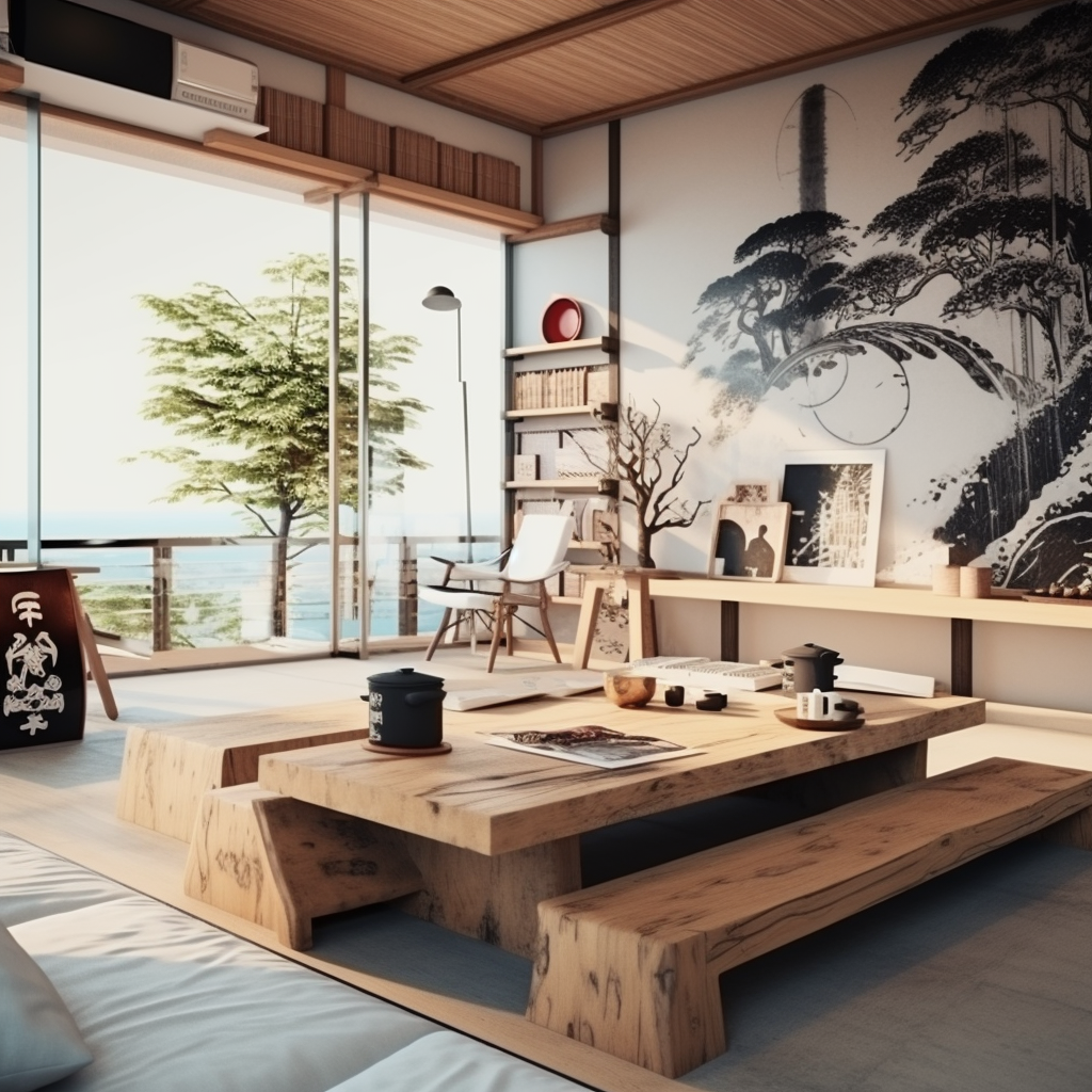 Japanese themed bachelor pad with natural wood furniture and manga artwork