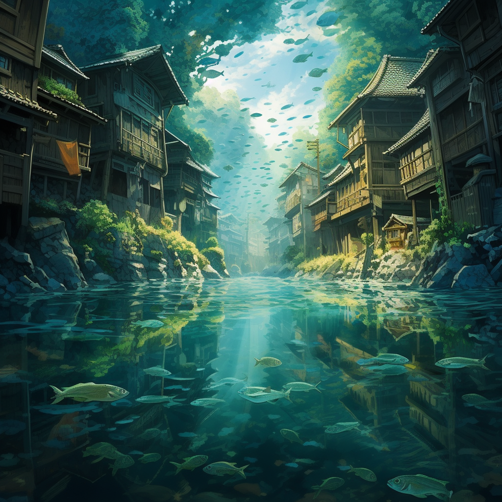 Japanese town underwater with small fish