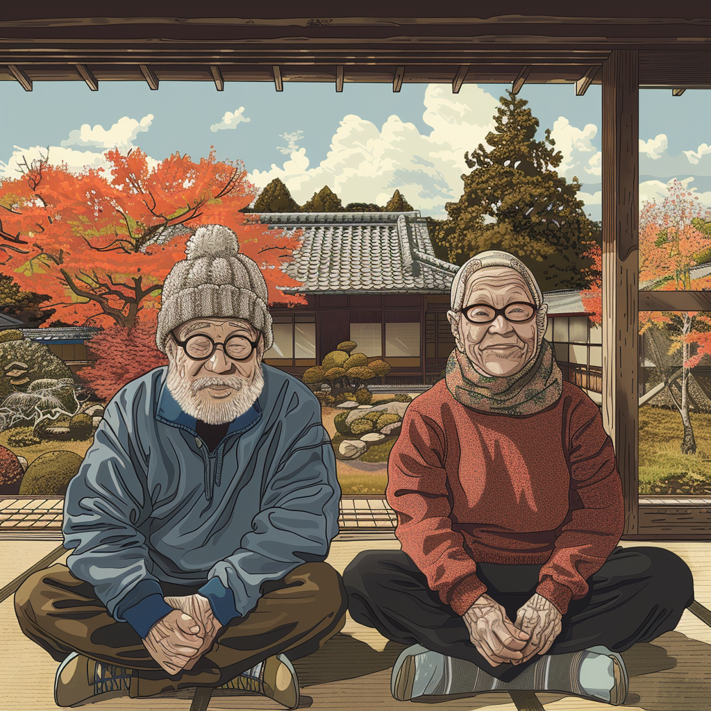 Elderly Japanese couple in traditional home